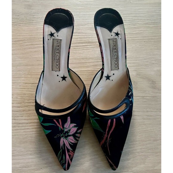 Jimmy Choo Mules Satin Black Floral Pointed Toe Heels Sandals Tropical Sz 38.5 - Picture 3 of 7